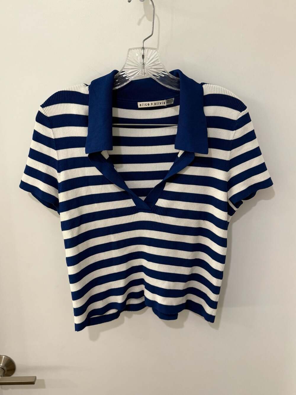 Alice + Olivia Daralee Blue and White Striped Ribbed Knit Polo Pullover